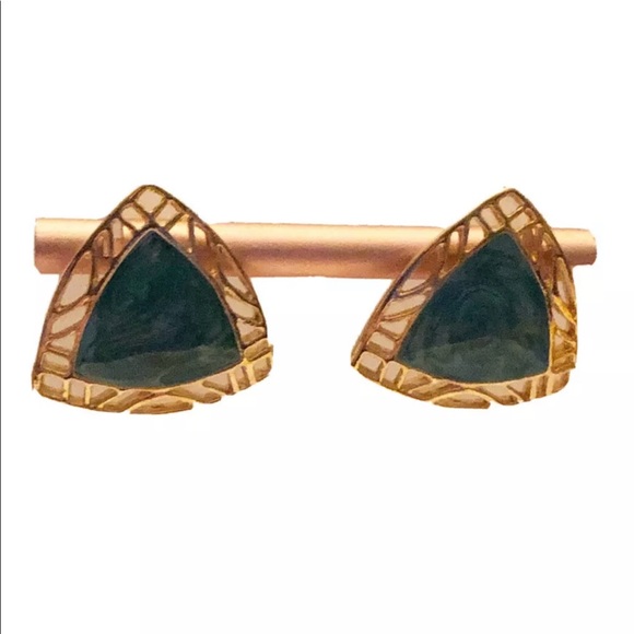 Vintage- Estate Gold Tone Green Swirl Enamel Triangle Pierced Earrings - Picture 2 of 9